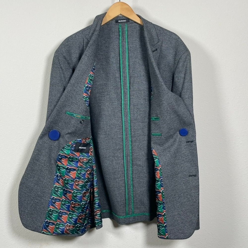 Murano Blazer Mens 2XB‎ Grey Houndstooth Excellent Dinosaur Lining Sport Coat